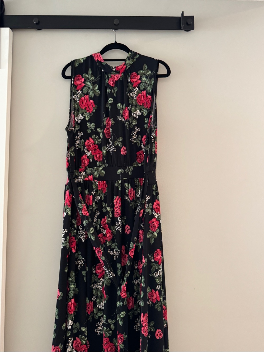 Leota Black Midi Dress with Pink Rose Print
